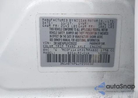 2018 Nissan Sentra Sr из США, поврежденный, VIN 3N1AB7AP6JY235032